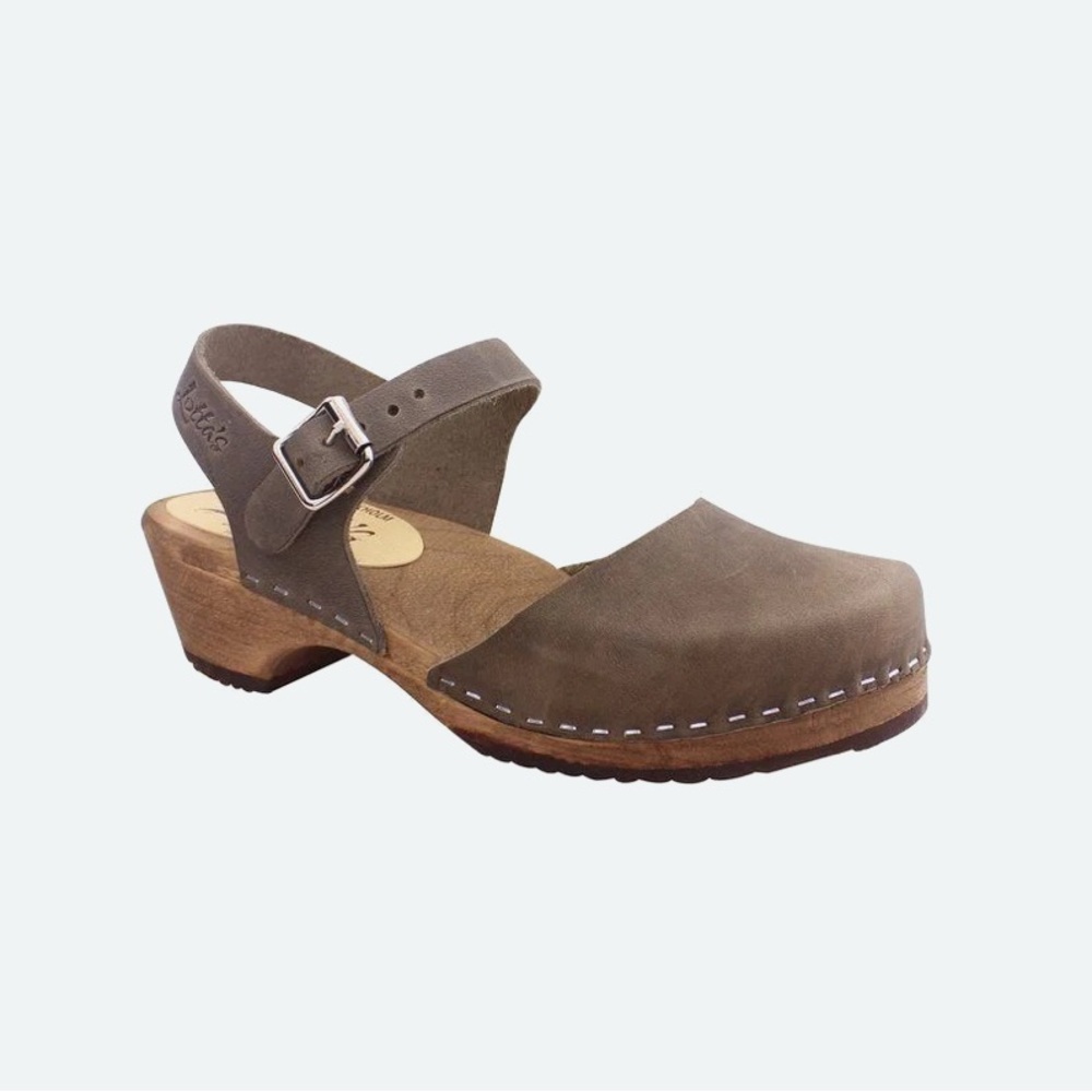 Lotta from Stockholm Low Wood Taupe Clogs in Oiled Nubuck Leather on Brown Base